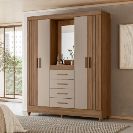 Guarda-Roupa Solteiro 4 Portas 4 Gavetas Capelinha Atenas Moval - Carvalho/Fendi