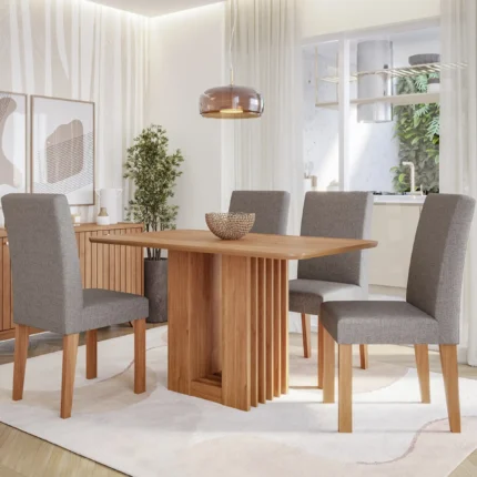 Conjunto de mesa 4 Cadeiras Tampo MDF com Assento Estofado Cimol - Linho Cinza/Grafite